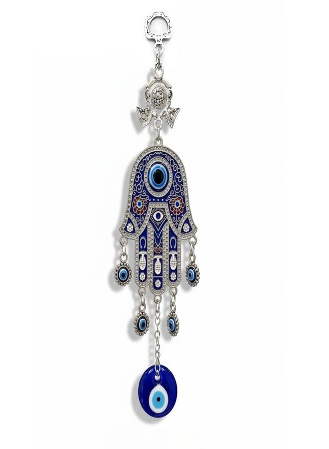 BLUE BEADS خرز أزرق معدني، ديكور منزلي، قلادة عين الحسد، طولها 8 بوصات، زينة مثالية لهدايا ديوالي، قلادة حظ على شكل يد الحسد، زينة للباب/الجدار للمنزل والمكتب، فضي - Image 1